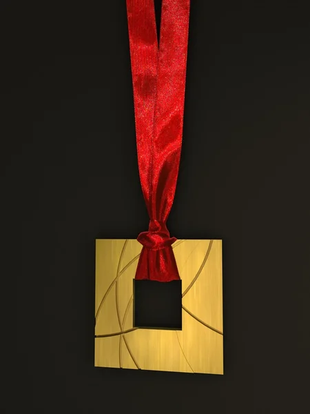 Medaglia d'oro con nastro rosso sullo sfondo scuro — Foto Stock