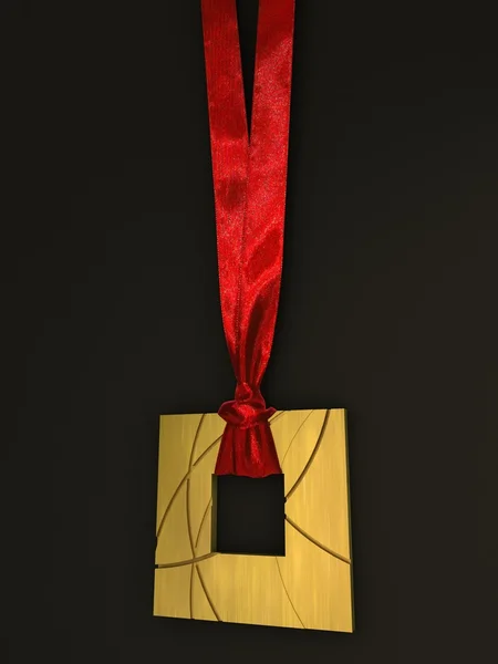 Zlatá medaile s červenou stuhou na tmavém pozadí — Stock fotografie