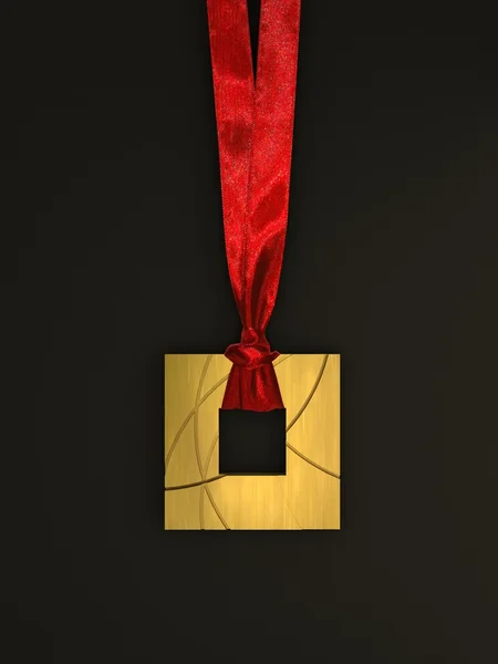 Zlatá medaile s červenou stuhou na tmavém pozadí — Stock fotografie