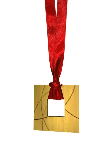 金色奖章与孤立在白纸上的红丝带 — 图库照片