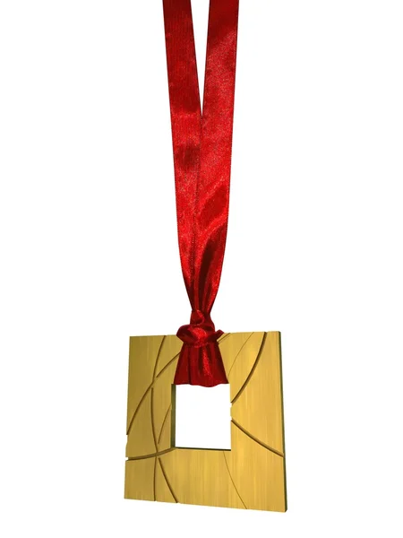 Zlatá medaile s červenou stuhou izolované na bílém — Stock fotografie