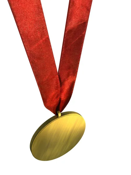 Zlatá medaile s červenou stuhou izolované na bílém — Stock fotografie