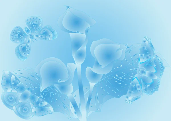 Fondo azul con mariposas sobre flores — Foto de Stock