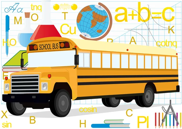 Автобус на фоні шкільного приладдя — стокове фото