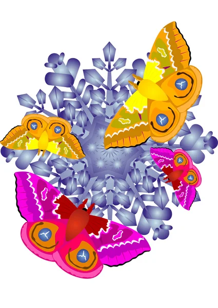 Butterflies on the snowflake — Stock Photo, Image