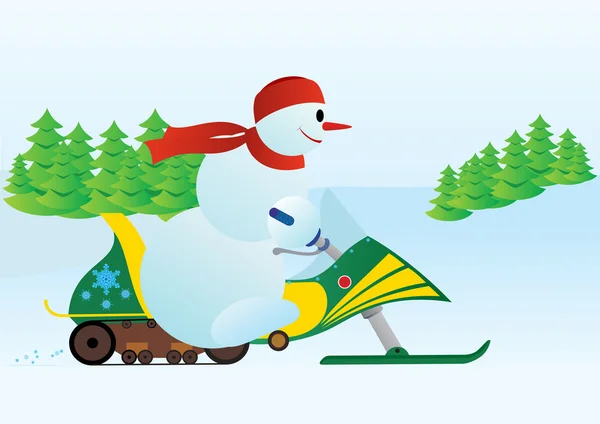 Boneco de neve e snowmobile — Vetor de Stock