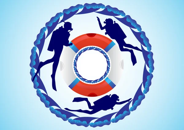 Záchranný kruh a scuba potápěči — Stockový vektor