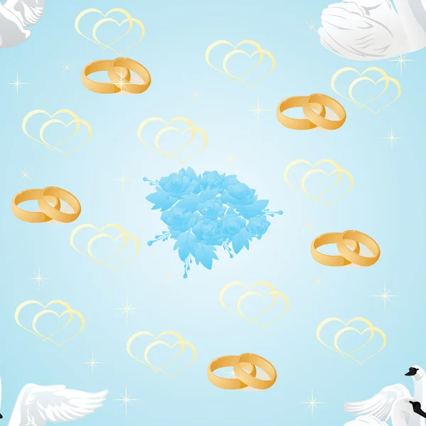 Cisnes, anillos de boda y flores — Vector de stock