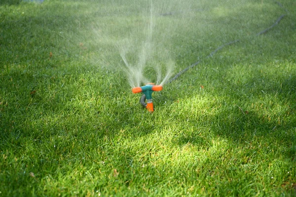 Спринклер розбризкує воду на траві — стокове фото