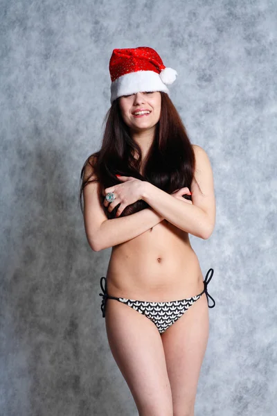 Joven sexy Santa en bikini aislado en gris —  Fotos de Stock