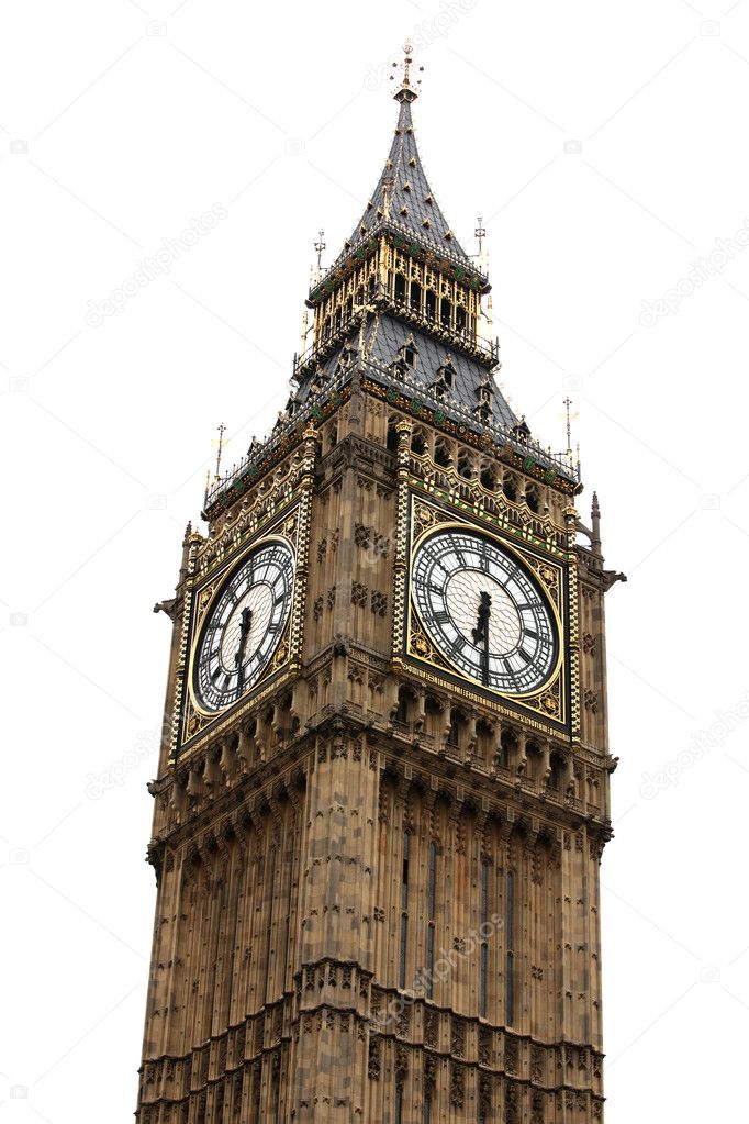 Big Ben isolated on white, London gothic architecture, GB