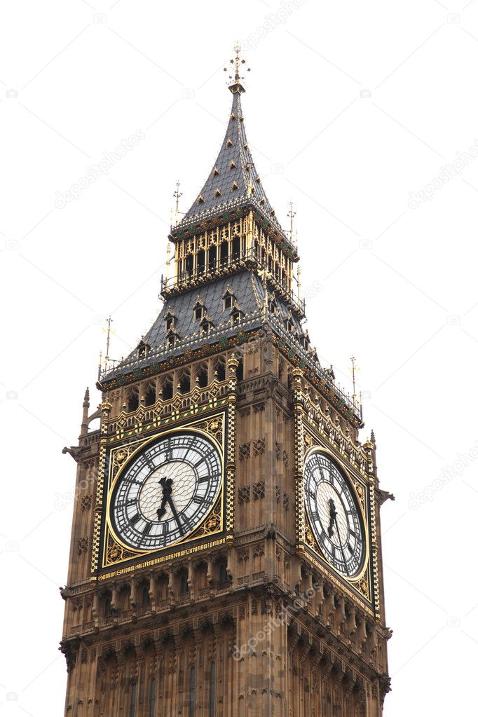 Big Ben isolated on white, London gothic architecture, UK