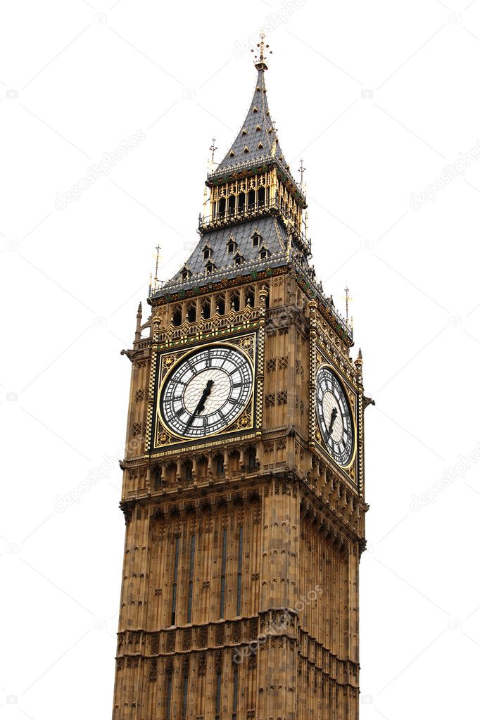 Big Ben isolated on white, London gothic architecture, GB