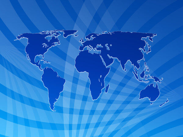 World map on a blue background with white lines.