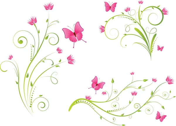 Set di elementi floreali e farfalle — Vettoriale Stock