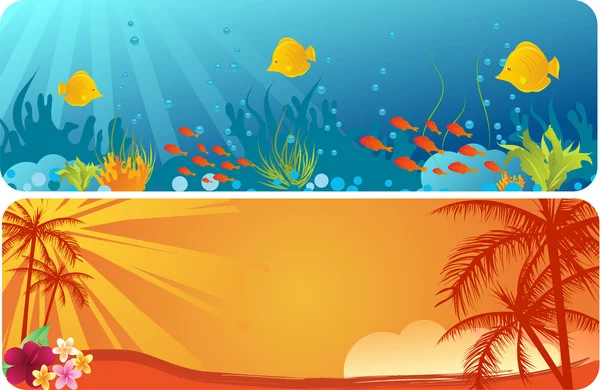 Summer banners with underwater background and palm trees — Stock Vector