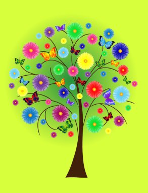 renkli kelebekler ile çiçek ağaç