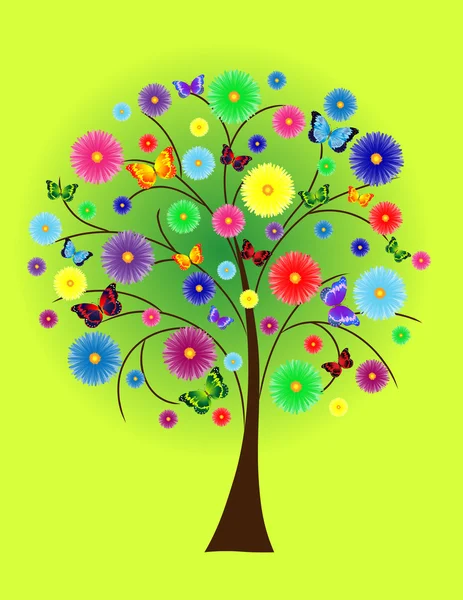 Árbol de flores con mariposas de colores — Vector de stock