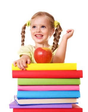 Child reading pile of books. clipart