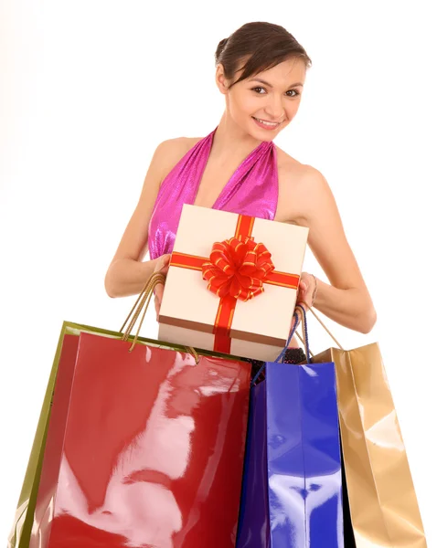 Donna con confezione regalo e fiocco . — Foto Stock