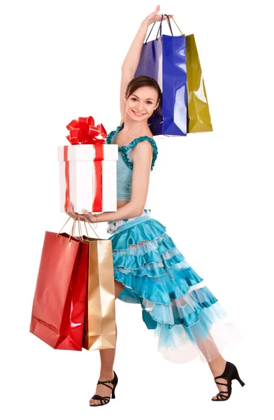 Girl in ball dance dress with gift box, shop bag. — Stock Photo, Image