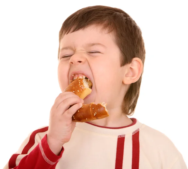 Retrato de diversão comendo menino . — Fotografia de Stock