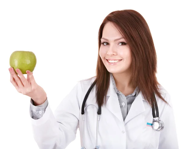 Doctor con estetoscopio sosteniendo manzana verde .. —  Fotos de Stock