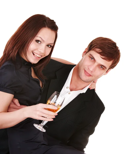 Paar meisje en man kus en wijn drinken. — Stockfoto