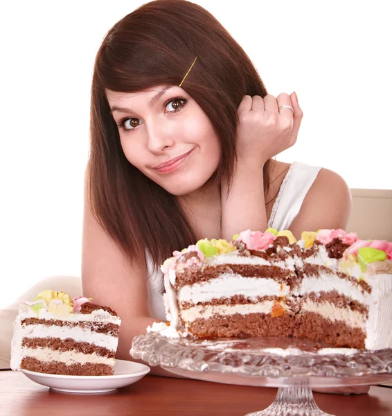 Chica con pastel de chocolate . —  Fotos de Stock