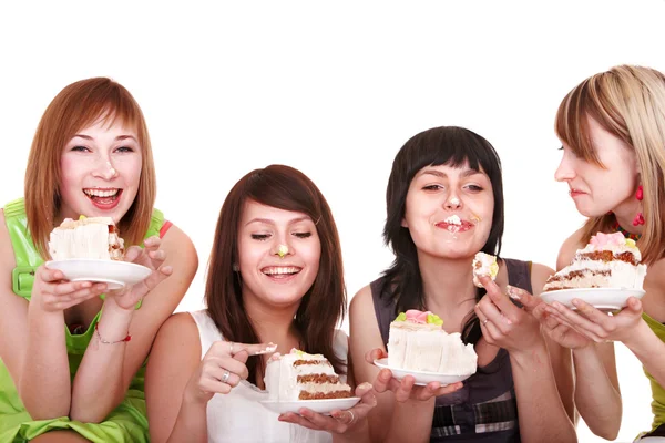 Grupp av ung kvinna äta kakan. — Stockfoto
