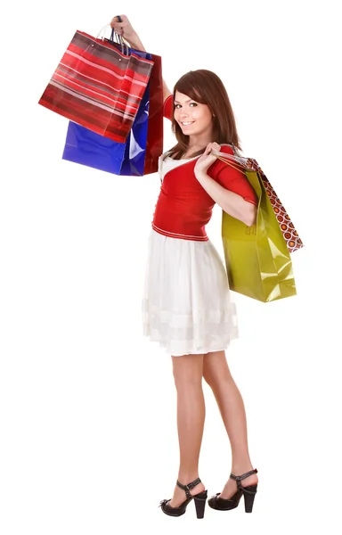Flicka håller gruppen shoppingväska. — Stockfoto
