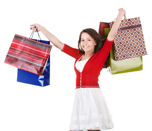 Chica sosteniendo grupo bolsa de compras . — Foto de Stock