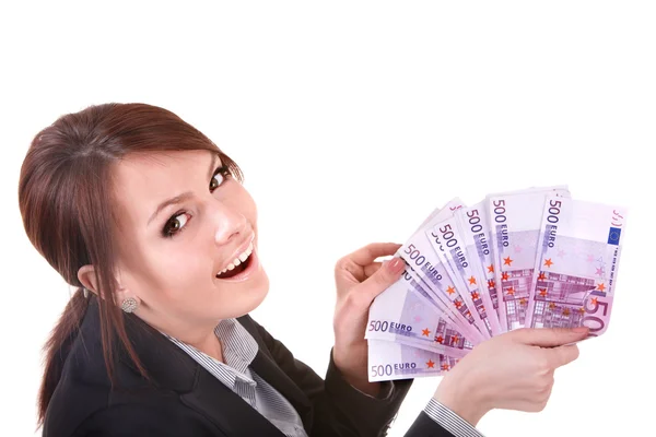 Mladá žena drží euro peníze. — Stock fotografie
