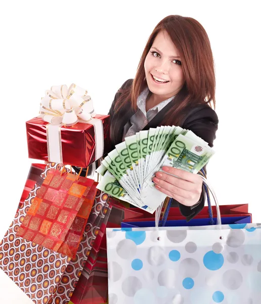 Young woman holding euro money, and gift box,. — Stock Photo, Image