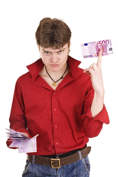 Man in het rood met geld. — Stockfoto