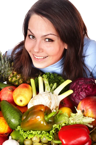 Chica con grupo de frutas y verduras . —  Fotos de Stock