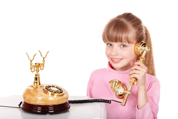 Girl with gold retro telephone. — Stock Photo, Image