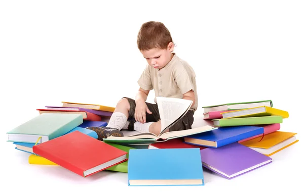 Child reading pile of books. — Stock Photo, Image