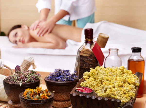Still life with woman on massage table in beauty spa. — Stock Photo, Image