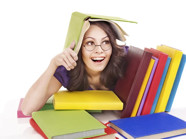 Girl in glasses with stack book . — Stock Photo, Image
