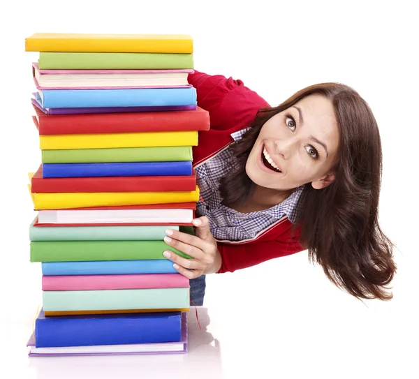 Menina com pilha de livro de cores  . — Fotografia de Stock
