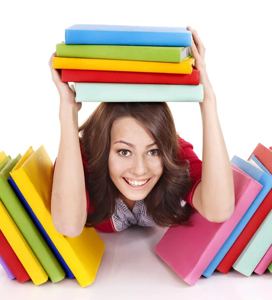 Chica con apilar libro de color . —  Fotos de Stock