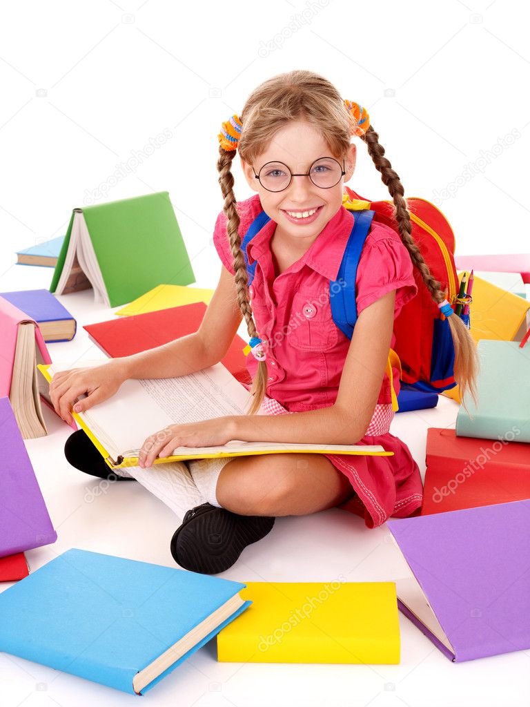 Happy Sitting Schoolgirl In Eyeglasses With Pile Of Books — Stock 
