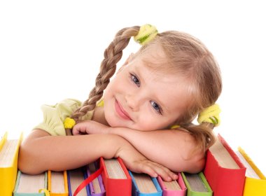 Child holding pile of books. clipart