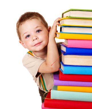 Child holding stack of books. clipart