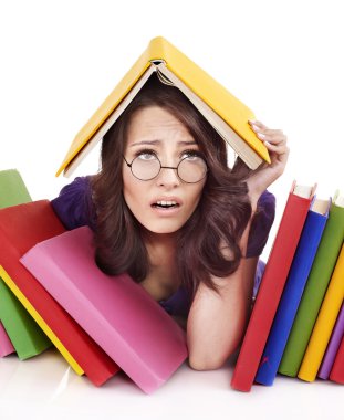 Girl with stack color book . clipart