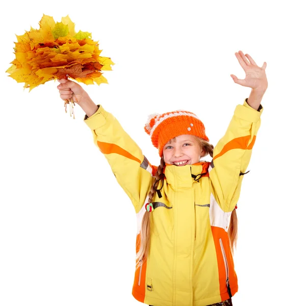 Girl in autumn orange hat holding leaves . — Stock Photo, Image