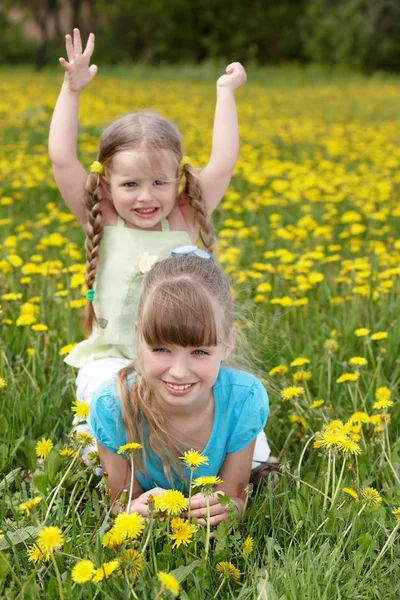 꽃과 함께 필드에 있는 아이 들. — 스톡 사진