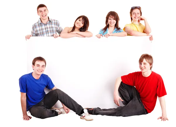 Group of happy with banner. — Stock Photo, Image