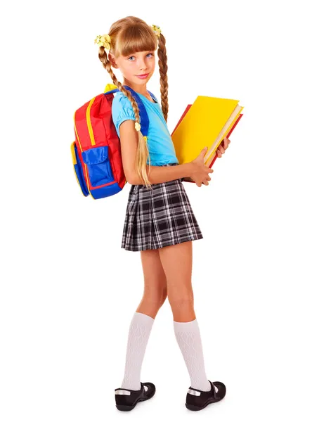 Schoolmeisje met rugzak bedrijf boeken. — Stockfoto